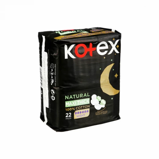Kotex Natural Maxi Thick Night Pads with Wings, 22 Pads, 100% Cotton, Plastic-Free, Hypoallergenic, Heavy Flow Protection Kotex Natural Maxi Thick Night Pads with Wings, 22 Pads, 100% Cotton, Plastic-Free, Hypoallergenic, Heavy Flow Protection