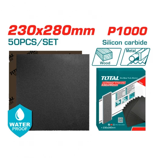 ورق صنفرة مقاوم للماء من كربيد السيليكون P1000 من توتال 50 قطعة 230*280 مم (TAC100016) ورق صنفرة مقاوم للماء من كربيد السيليكون P1000 من توتال 50 قطعة 230*280 مم (TAC100016)