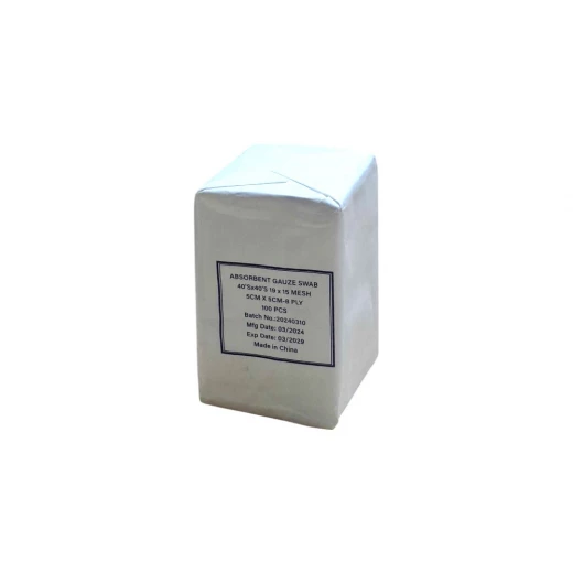 شاش طبي ماص 5×5سم, 8 طبقات، 100 قطعة (40s×40s، شبكة 19×15) شاش طبي ماص 5×5سم, 8 طبقات، 100 قطعة (40s×40s، شبكة 19×15)