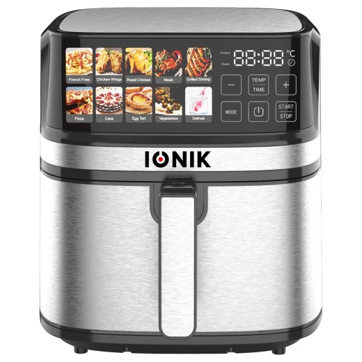 IONIK 8L Air Fryer, 1700W, 10 Preset Cooking Programs, Stainless Steel Body & Inner Cavity, LED Touch Screen, 360° Rapid Air Flow Technology