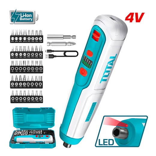 مفك براغي لاسلكي فولت4 ببطارية ليثيوم أيون مع إضاءة LED تصميم مدمج ومحمول ومريح للاستخدام السهل من توتال مفك براغي لاسلكي فولت4 ببطارية ليثيوم أيون مع إضاءة LED تصميم مدمج ومحمول ومريح للاستخدام السهل من توتال