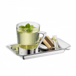 WMF Elegant Tea/Coffee Set , 300ml Glass Cup with S/Steel Handle + 19.8×10.7cm Tray + Tea Spoon, Luxury Serving Design