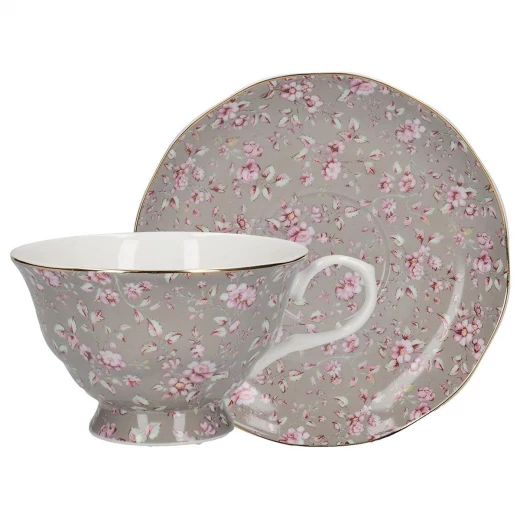 Creative Set of 6 Katie Alice Ditsy Floral Cups & Saucers, Fine Bone China, Grey, 200ml, Gold-Trimmed Floral Design