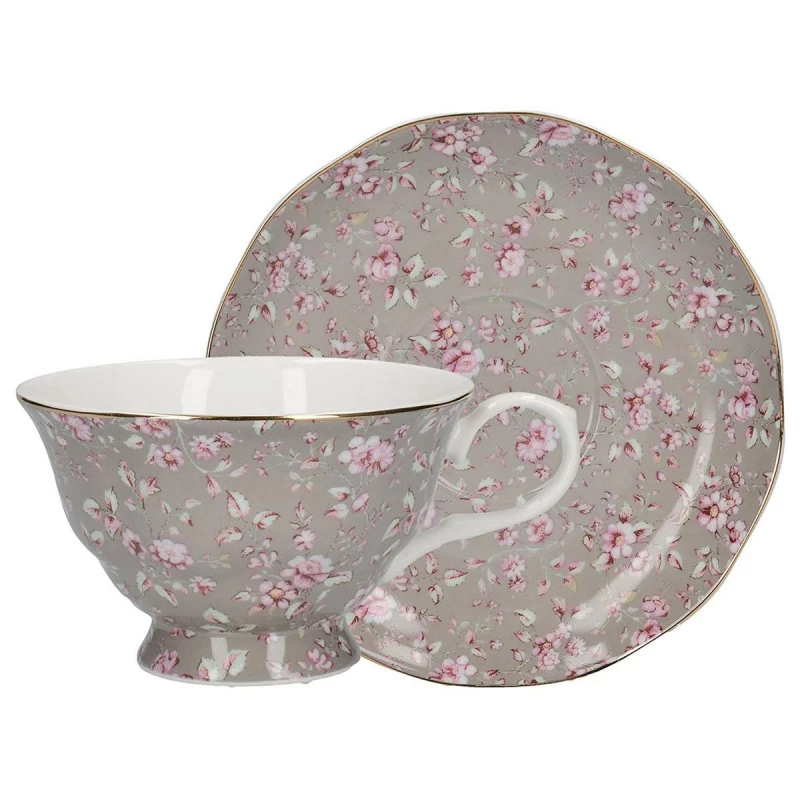 Creative Set of 6 Katie Alice Ditsy Floral Cups & Saucers, Fine Bone China, Grey, 200ml, Gold-Trimmed Floral Design - Creative