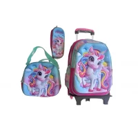 Character Graphics Wheeled Bag Set, 16–18 Inch Durable Polyester Backpack with Adjustable & Removable Shoulder Strap, Insulated Lunch Bag, and Portable Pencil Case