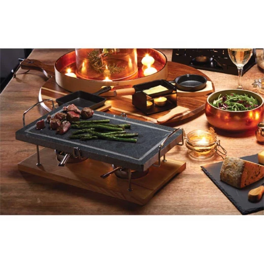 KitchenCraft Hot Stone Grill 41x22x15cm - Ceramic and Wooden Base - Stylish Table Grill - KitchenCraft - Image 2
