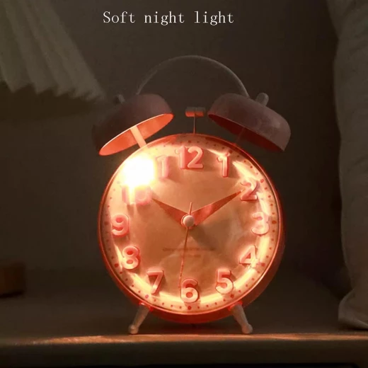 ساعة منبه صامتة ذات جرسين مزدوجين بتصميم قديم مع ضوء ليلي وسطح منحني لون وردي - Image 4