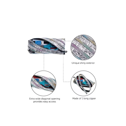 مقلمة أو حقيبة مكياج زيبت باللون الفضي المعدني – 22×9 سم، أنيقة ومتعددة الاستخدام للمدرسة أو السفر - زيبت - Image 3
