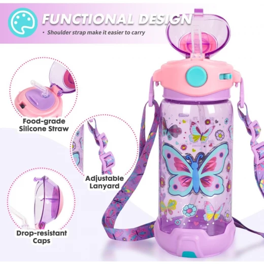 Vest Kids Water Bottle 650ml – BPA-Free, Straw & Lanyard, Leak-Proof Flip Lid for School & Travel - Vest - Image 2