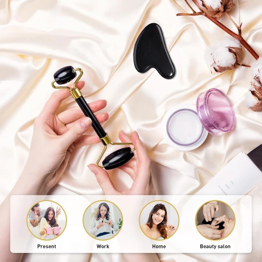 Glowtone Facial Massage Gift Set – Rose Quartz & Natural Jade Roller with Gua Sha – Dual-Sided Face, Eye, Neck & Foot Massager – Beauty Tool for Men & Women (Black) - Glowtone - Image 3