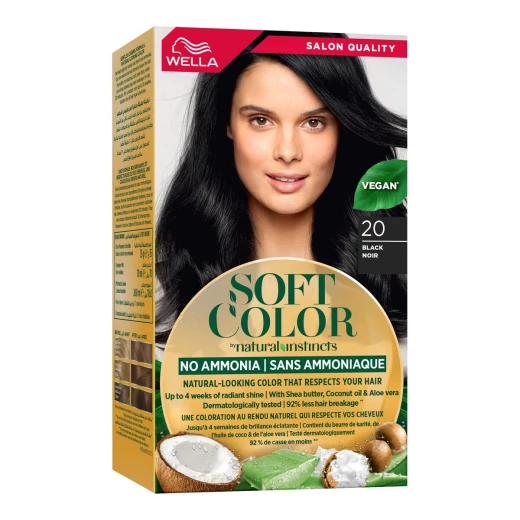 Wella Soft Color 20 Black Ammonia-Free Hair Dye, Permanent, 100% Gray Coverage, Nourishing Formula, Complete Kit Wella Soft Color 20 Black Ammonia-Free Hair Dye, Permanent, 100% Gray Coverage, Nourishing Formula, Complete Kit