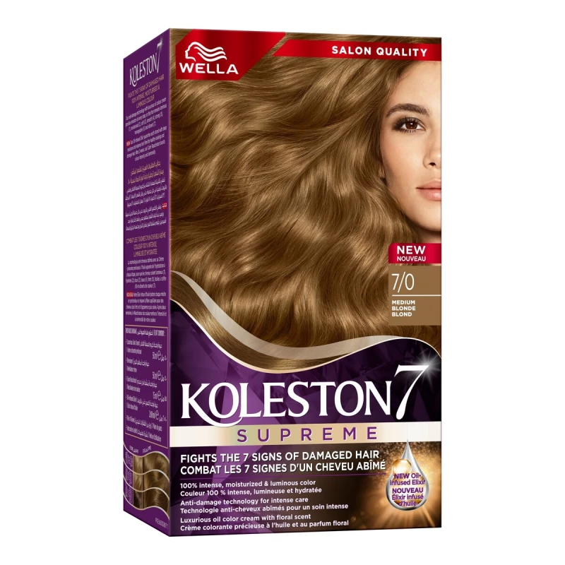 Wella Koleston Hair Color 7/0 Medium Blonde with Oil Replacement, Long-Lasting Color, 100% Gray Coverage, Nourishing Formula, Natural Shine - Wella