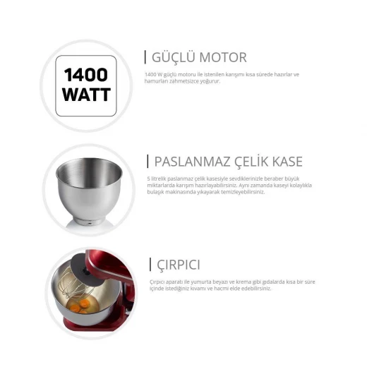 خلاط قائم أرزوم 5 لتر 1400 واط أحمر - AR1143-R للخبز - ارزوم - Image 8