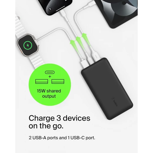 Belkin BoostCharge 3-Port 10K Power Bank with USB-C 15W, dual USB-A, 15cm USB-A to USB-C Cable, Black - Belkin - Image 9