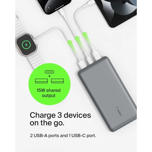 شاحن بيلكين 20000 mAh USB-C باور بانك محمول مع منفذي USB-A - رمادي - بيلكين - Image 10