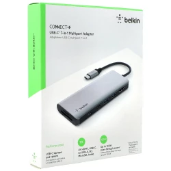 Belkin CONNECT USB-C 7-in-1 Multiport Hub Adapter SD 3.0 card reader Micro SD card reader 3.5 mm audio in/out USB-C 3.0 port 2x USB-A BC1.2 ports 4K HDMI 1.4 port