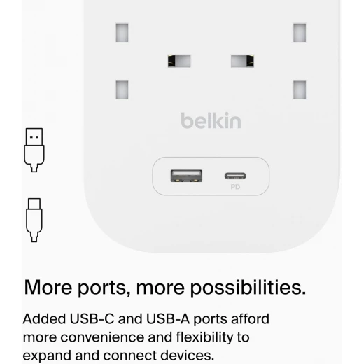 Belkin 6-Outlet Surge Protector Power Strip, Wall-Mountable with 6 AC Outlets, 2M Power Cord, & Green Indicator Light - USB-C Port & USB-A Port w/USB-C PD Fast Charging - 650 Joules of Protection - Belkin - Image 6
