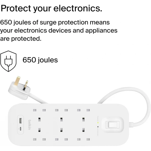 Belkin 6-Outlet Surge Protector Power Strip, Wall-Mountable with 6 AC Outlets, 2M Power Cord, & Green Indicator Light - USB-C Port & USB-A Port w/USB-C PD Fast Charging - 650 Joules of Protection - Belkin - Image 2