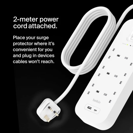 Belkin 6-Outlet Surge Protector Power Strip, Wall-Mountable with 6 AC Outlets, 2M Power Cord, & Green Indicator Light - USB-C Port & USB-A Port w/USB-C PD Fast Charging - 650 Joules of Protection - Belkin - Image 4