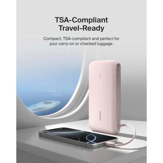 شاحن محمول، بنك طاقة مع كابل مدمج 20 كيلو PD 30 واط - شحن سريع USB-C توصيل الطاقة، شاحن محمول لسلسلة iPhone 16 وiPad Pro وGalaxy S25 والمزيد - وردي من بيلكن - بيلكين - Image 5