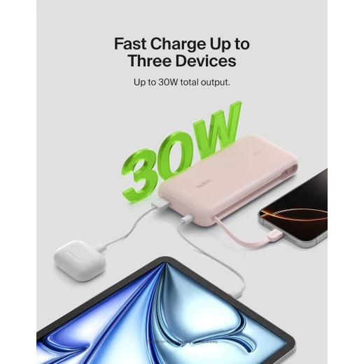 شاحن محمول، بنك طاقة مع كابل مدمج 20 كيلو PD 30 واط - شحن سريع USB-C توصيل الطاقة، شاحن محمول لسلسلة iPhone 16 وiPad Pro وGalaxy S25 والمزيد - وردي من بيلكن - بيلكين - Image 7