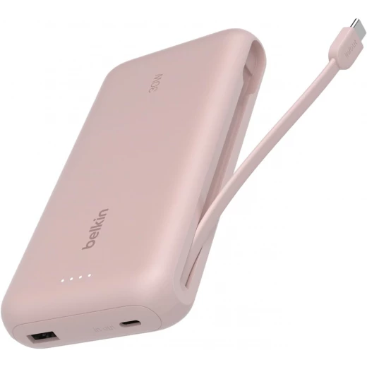 شاحن محمول، بنك طاقة مع كابل مدمج 20 كيلو PD 30 واط - شحن سريع USB-C توصيل الطاقة، شاحن محمول لسلسلة iPhone 16 وiPad Pro وGalaxy S25 والمزيد - وردي من بيلكن