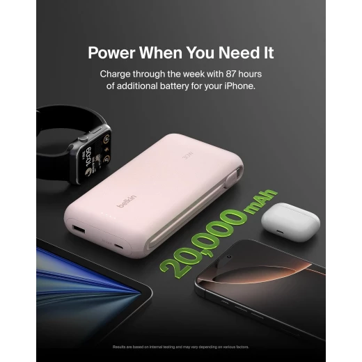 شاحن محمول، بنك طاقة مع كابل مدمج 20 كيلو PD 30 واط - شحن سريع USB-C توصيل الطاقة، شاحن محمول لسلسلة iPhone 16 وiPad Pro وGalaxy S25 والمزيد - وردي من بيلكن - بيلكين - Image 6