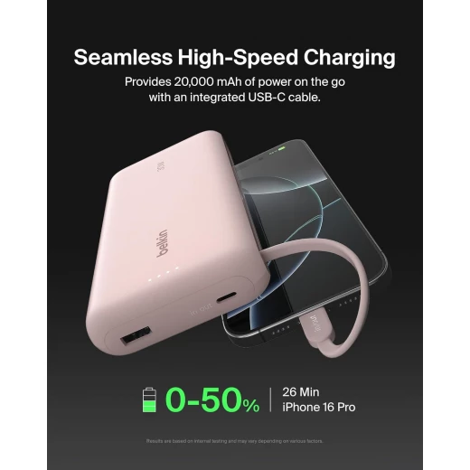 شاحن محمول، بنك طاقة مع كابل مدمج 20 كيلو PD 30 واط - شحن سريع USB-C توصيل الطاقة، شاحن محمول لسلسلة iPhone 16 وiPad Pro وGalaxy S25 والمزيد - وردي من بيلكن - بيلكين - Image 8