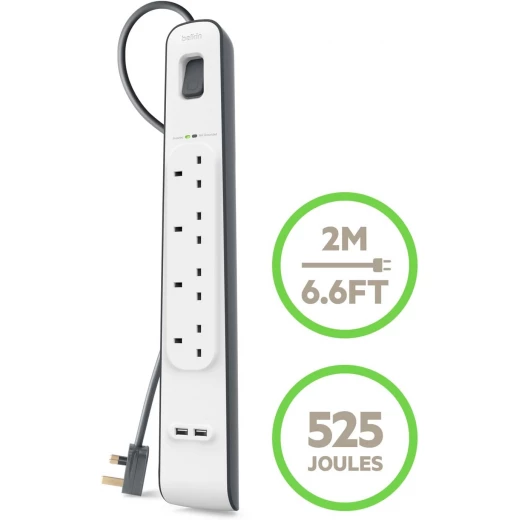 Belkin Extension Lead with USB Slots x 2 (2.4 A Shared), 4 Way/4 Plug Extension, 2m Surge Protected Power Strip - White - Belkin - Image 3