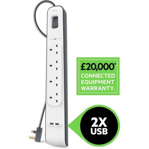 Belkin Extension Lead with USB Slots x 2 (2.4 A Shared), 4 Way/4 Plug Extension, 2m Surge Protected Power Strip - White - Belkin - Image 2