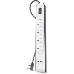 سلك تمديد مع فتحات USB × 2 (2.4 أمبير مشترك)، 4 اتجاهات/4 مقابس، شريط طاقة محمي من زيادة التيار بطول 2 متر - أبيض