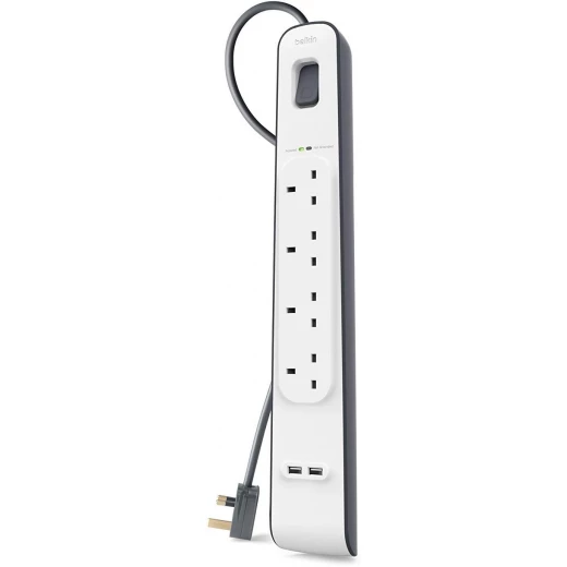 Belkin Extension Lead with USB Slots x 2 (2.4 A Shared), 4 Way/4 Plug Extension, 2m Surge Protected Power Strip - White Belkin Extension Lead with USB Slots x 2 (2.4 A Shared), 4 Way/4 Plug Extension, 2m Surge Protected Power Strip - White