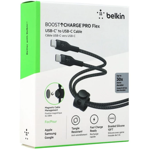 كابل بلكين بوست تشارج برو فليكس مضفّر من السيليكون – USB-C إلى USB-C، بطول 3 أمتار، أسود - بيلكين - Image 2