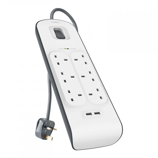 Belkin Bsv604 6 Way/6 Plug 2M Surge Protection Extension Lead Strip with 2 X 2.4 A Shared USB Charging Port - White - Belkin - Image 4