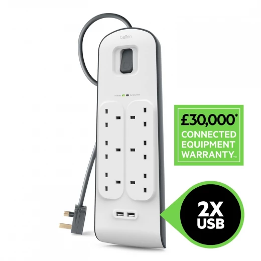 Belkin Bsv604 6 Way/6 Plug 2M Surge Protection Extension Lead Strip with 2 X 2.4 A Shared USB Charging Port - White - Belkin - Image 2