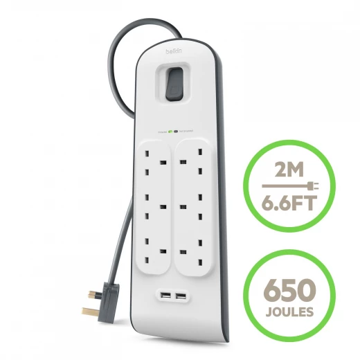 Belkin Bsv604 6 Way/6 Plug 2M Surge Protection Extension Lead Strip with 2 X 2.4 A Shared USB Charging Port - White - Belkin - Image 3