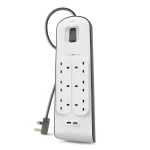 Belkin Bsv604 6 Way/6 Plug 2M Surge Protection Extension Lead Strip with 2 X 2.4 A Shared USB Charging Port - White - Belkin