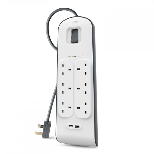 Belkin Bsv604 6 Way/6 Plug 2M Surge Protection Extension Lead Strip with 2 X 2.4 A Shared USB Charging Port - White Belkin Bsv604 6 Way/6 Plug 2M Surge Protection Extension Lead Strip with 2 X 2.4 A Shared USB Charging Port - White