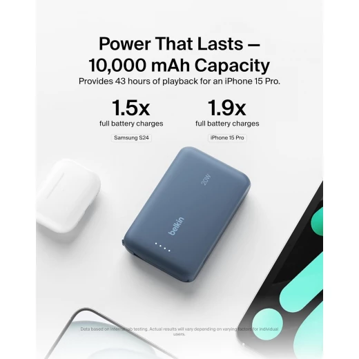 Belkin BoostCharge power bank 10000mAh, portable power bank with integrated cable PD 20W, fast charge USB-C power delivery, power bank fast charging for iPhone 16 series, iPad Pro, Galaxy S24 and more - Belkin - Image 4
