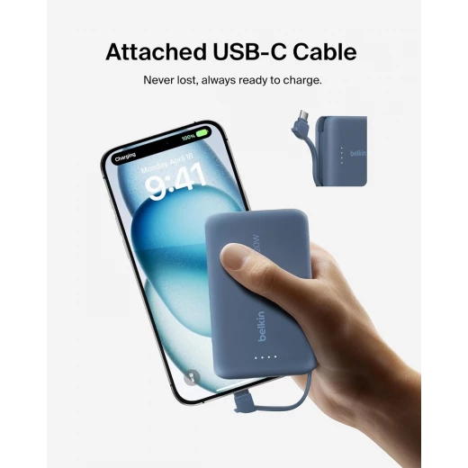 Belkin BoostCharge power bank 10000mAh, portable power bank with integrated cable PD 20W, fast charge USB-C power delivery, power bank fast charging for iPhone 16 series, iPad Pro, Galaxy S24 and more - Belkin - Image 6
