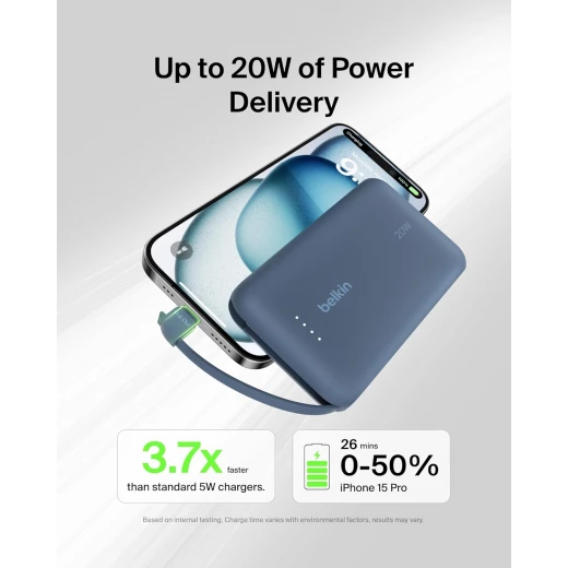 Belkin BoostCharge power bank 10000mAh, portable power bank with integrated cable PD 20W, fast charge USB-C power delivery, power bank fast charging for iPhone 16 series, iPad Pro, Galaxy S24 and more - Belkin - Image 2