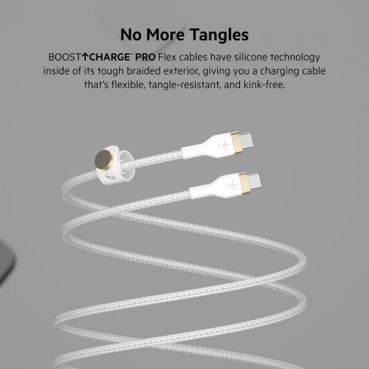 كابل بلكين بوست تشارج برو فليكس مضفّر من السيليكون – USB-C إلى USB-C، بطول 3 أمتار، أبيض - بيلكين - Image 5