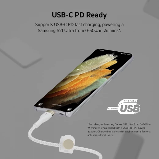 كابل بلكين بوست تشارج برو فليكس مضفّر من السيليكون – USB-C إلى USB-C، بطول 3 أمتار، أبيض - بيلكين - Image 3