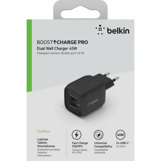 شاحن بلكين 45 واط مزدوج بمنفذي USB-C وتقنية GaN وPPS، يوفر 45 واط أو 25+20 واط عند استخدام المنفذين معًا - بيلكين - Image 4