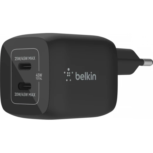 شاحن بلكين 45 واط مزدوج بمنفذي USB-C وتقنية GaN وPPS، يوفر 45 واط أو 25+20 واط عند استخدام المنفذين معًا شاحن بلكين 45 واط مزدوج بمنفذي USB-C وتقنية GaN وPPS، يوفر 45 واط أو 25+20 واط عند استخدام المنفذين معًا