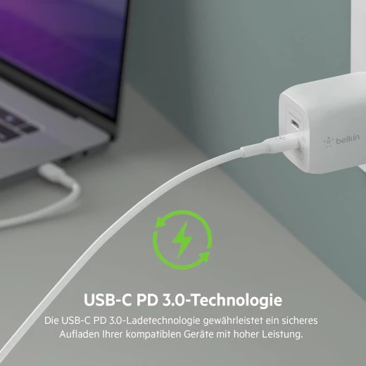 شاحن بلكين 65 واط بمنفذين USB-C، يدعم الشحن السريع بتقنية Power Delivery 3.0 وتقنية GaN، مناسب لأجهزة ماك بوك برو، آيفون 17، آيفون إير، آيباد، جالاكسي S25، بيكسل 10، الحواسيب المحمولة وغيرها – أبيض - بيلكين - Image 3