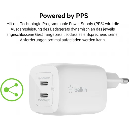 شاحن بلكين 65 واط بمنفذين USB-C، يدعم الشحن السريع بتقنية Power Delivery 3.0 وتقنية GaN، مناسب لأجهزة ماك بوك برو، آيفون 17، آيفون إير، آيباد، جالاكسي S25، بيكسل 10، الحواسيب المحمولة وغيرها – أبيض - بيلكين - Image 2