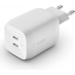 شاحن بلكين 65 واط بمنفذين USB-C، يدعم الشحن السريع بتقنية Power Delivery 3.0 وتقنية GaN، مناسب لأجهزة ماك بوك برو، آيفون 17، آيفون إير، آيباد، جالاكسي S25، بيكسل 10، الحواسيب المحمولة وغيرها – أبيض