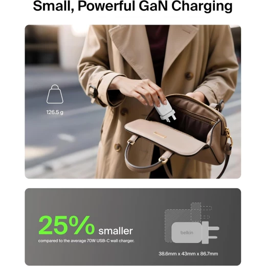شاحن بلكين جداري 70 واط، 3 منافذ (2×USB-C، 1×USB-A)، شحن سريع، رؤوس UK/US، لأجهزة MacBook وiPhone وGalaxy – أبيض - بيلكين - Image 3