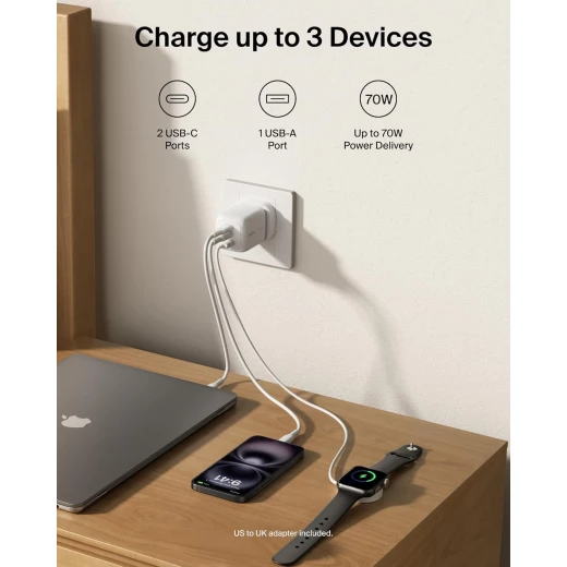 شاحن بلكين جداري 70 واط، 3 منافذ (2×USB-C، 1×USB-A)، شحن سريع، رؤوس UK/US، لأجهزة MacBook وiPhone وGalaxy – أبيض - بيلكين - Image 2